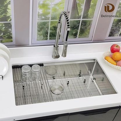 33x19 Undermount Kitchen Sink, Delironexu 33 Inch Kitchen Sink Workstation, 16 Gauge 304 Stainless Steel Undermount Kitchen Sink Single Bowl with Accessories