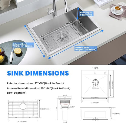 POPFLY 27×18 inch Drop in Kitchen Sink, 18 Gauge Stainless Steel Single Bowl Large Sink, Top mount 9 Inch Deep Kitchen Sinks with 2 Holes, Brushed