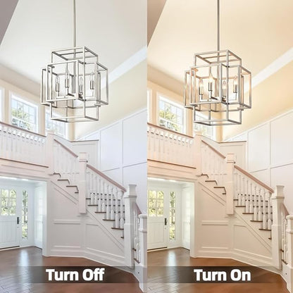 4-Light Chandelier, Industrial Silver Foyer Lighting Fixtures, Rustic Lantern Pendant Light, Large Chandeliers for High Ceilings, Farmhouse Chandelier for Entryway, for Dining Room, Kitchen Island