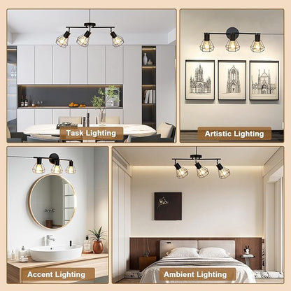 3-Light Plug-in Track Lighting with Rotatable Heads, Plug in Ceiling Light with 16.4ft Power Cord & Switch, LED Spotlight for Kitchen Cabinet Living Room Artwork, E26 Socket (Bulb Not Included)