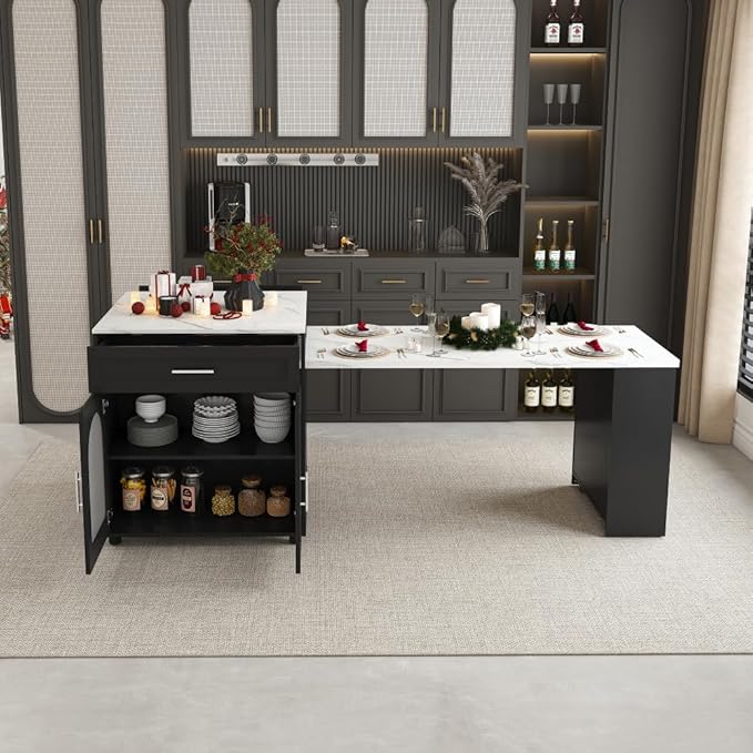 80-inch Expandable Kitchen Island with Dining Table, Marble-Grain Countertop with Power Outlet, Mobile Storage Cart with Cabinet & 2 Drawers, Kitchen Prep Table (Black + MDF)