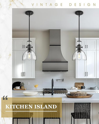 Black Pendant Lights Kitchen Island, 7.5" Farmhouse Pendant Lighting with Clear Seeded Glass Shade, Vintage Hanging Light Fixtures for Dining Room, AD-22151-1P-BK-G