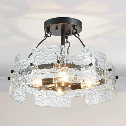 XINGQI Black Ceiling 4-Light Modern Farmhouse Water Ripple Glass Ceiling Lighting Fixture 15.7" Drum Ceiling Lights for Bedroom Dining Room Living Room Hallway Entryway