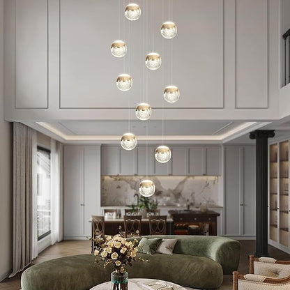 LED Staircase Chandelier Crystal Globe Pendant Light Gold Large Chandeliers for High Ceiling,10-Lights Hanging Flush Mount Lighting Fixtures for Foyer,Entryway,Living Room