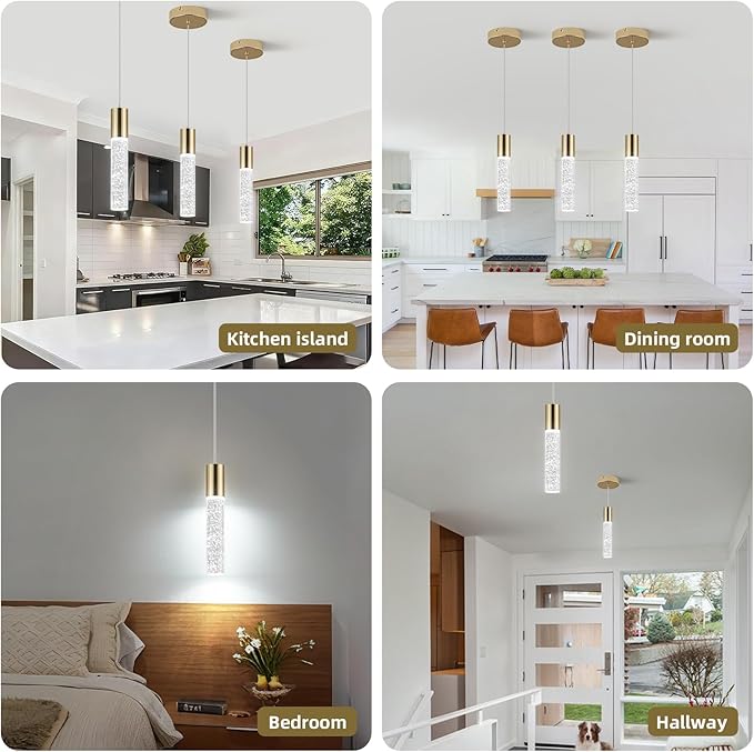 OKELI Modern Pendant Lights,LED Bubble Crystal Kitchen Island Light Fixtures,Mini Single Pendant Lighting for Kitchen Island,Bar,6W,6000K,Gold,3Pack
