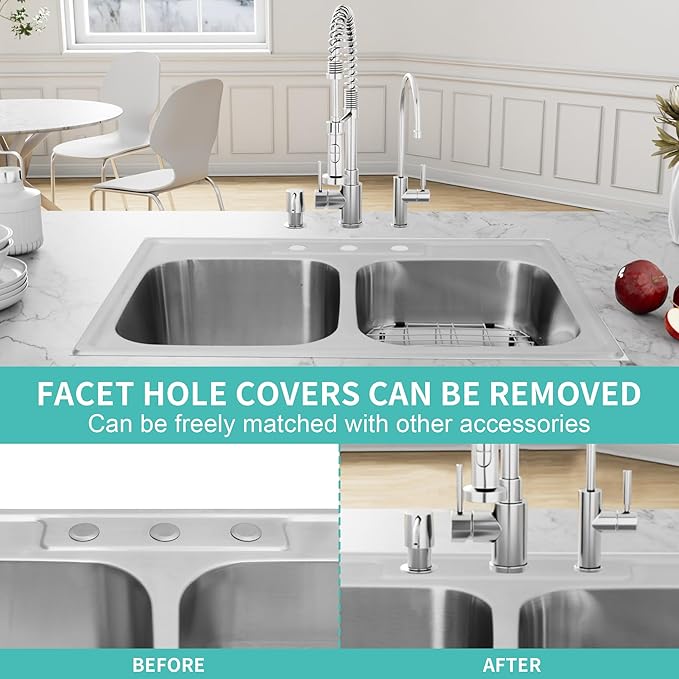 Rhbamoa 33''x22'' Drop In Kitchen Sink,T304 Stainless Steel Sink,50/50 Double Bowl Kitchen Sinks 33 Inch,10'' & 7'' Deep Top Mount Double sinks with 3 Faucet Holes