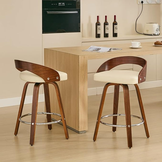 Bar Stools Set of 2, Mid Century Modern Swivel Stools with Low Back, 25" Counter Height Wooden Bar Chairs with Soft Faux Leather Cushion, for Kitchen Island, Bar & Home,Beige
