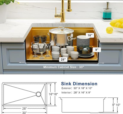 Gold Undermount Kitchen Sink 30 inch,Single Bowl Undermount Sink 16 gauge Stainless Steel,Workstation Kitchen Sinks with Gold Accessories (30" X 18")