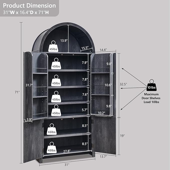 IFBUY 71" Tall Arched Bathroom Storage Cabinet, Modern Fluted Storage Cabinet w/Doors, 3 Adjustable Shelves, 6 Door Shelves, Wood Freestanding Cabinet for Bathroom, Entryway, Hallway, Dark Grey