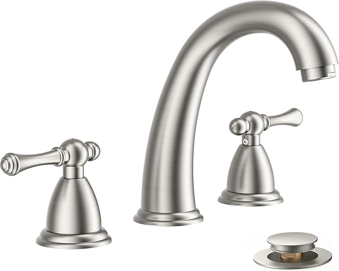 FORIOUS Faucet for Bathroom Sink 3 Hole,Brushed Nickel Bathroom Faucet Widespread with Pop Up Drain and Water Hose Supply, 2 Lever Handles Design,for Comercial Vanity RV Camper Sink