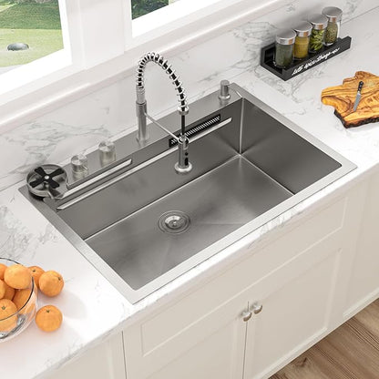 Sarlai Waterfall Kitchen Sink 30 Inch Drop In Kitchen Sink Topmount 16 Gauge Stainless Steel 30x22 Inch Single Bowl Multifuction Workstation Top Mount Sinks with Double Knob