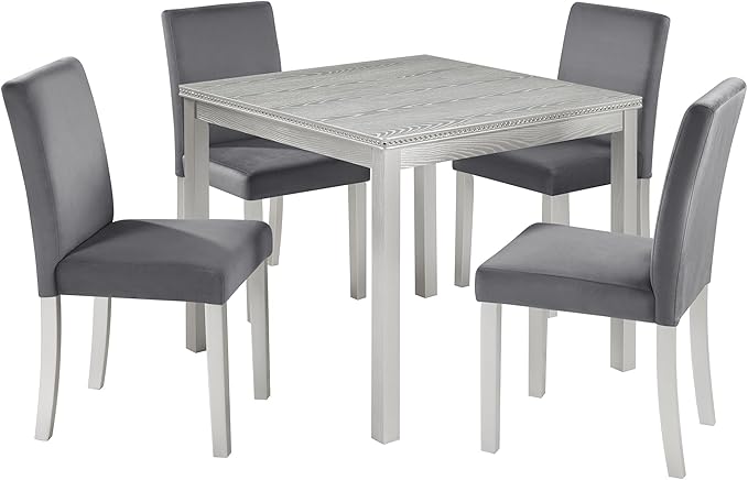 5 Piece Dining Table Set for 4, Square Wooden Kitchen Table with 4 Upholstered Chairs, Elegant Silver Grey Dining Room Set with Crystal Decoration