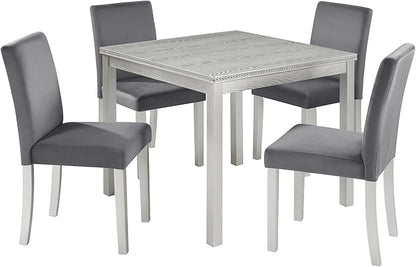 5 Piece Dining Table Set for 4, Square Wooden Kitchen Table with 4 Upholstered Chairs, Elegant Silver Grey Dining Room Set with Crystal Decoration