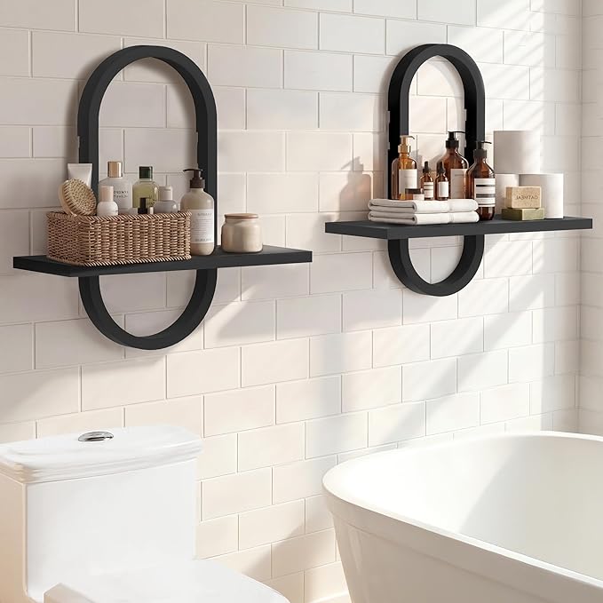 KALYLOC Floating Shelves for Wall, Hanging Shelves Wall Shelf for Plants, Decorative Wall Mounted Shelves for Living Room Bedroom Bathroom Home Office Kitchen, Black Wood Set of 2