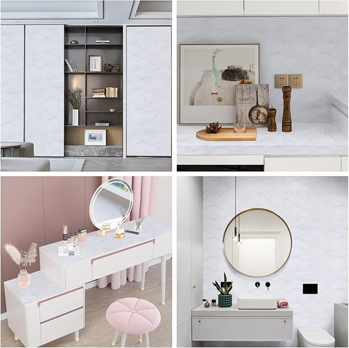Abyssaly Glossy Marble Contact Paper White Wallpaper Peel and Stick Self Adhesive Waterproof Contact Paper for Countertop Kitchen Cabinets Bathroom 17.7" x 196"