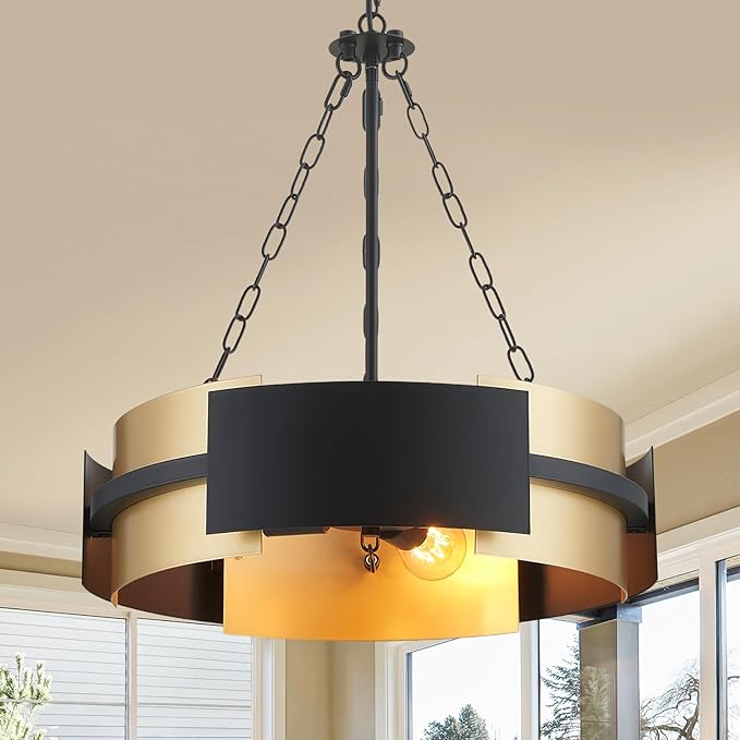 Modern Chandelier 19.7" Industrial Hanging Light Fixture Black and Gold 4-Light Large Drum Pendant Lighting for Dining Room Kitchen Island Office Living Room