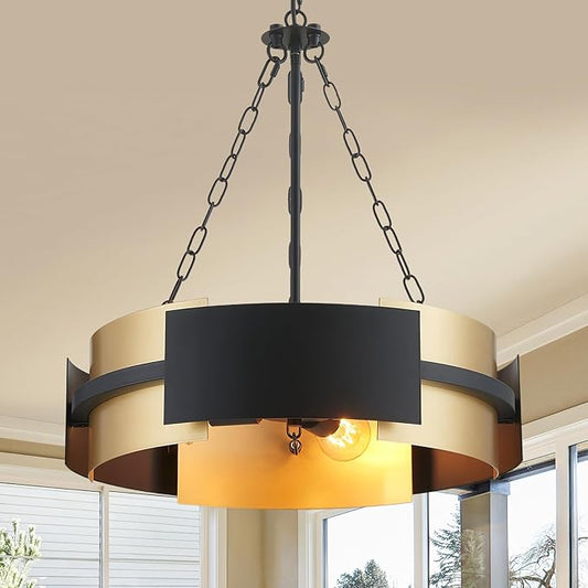 Modern Chandelier 19.7" Industrial Hanging Light Fixture Black and Gold 4-Light Large Drum Pendant Lighting for Dining Room Kitchen Island Office Living Room