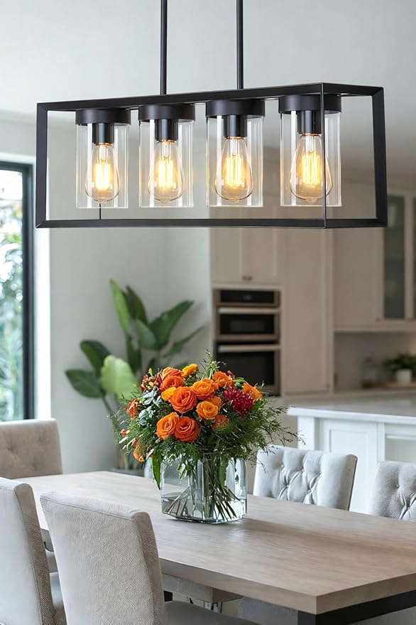 Modern 4-Light Linear Dining Room Light Fixture, Black Rectangle Farmhouse Chandeliers with Clear Glass Shades, Kitchen Island Lighting Fixtures Over Table Ceiling Hanging Pendant Lights