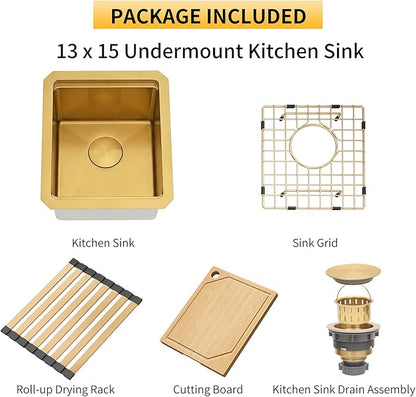 Gold Bar Sink 13 x 15 Inch, Gold Undermount Kitchen Sinks,16 Gauge SUS304 Stainless Steel All in One Workstation Sinks with Accessories,13" x 15" x 10" Small Kitchen Sink For Wet Bar and RV