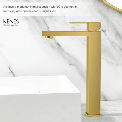 KENES Brushed Gold Tall Bathroom Faucet, Single Handle Vessel Sink Faucet Gold Vanity Bathroom Faucet with Supply Lines and Pop Up Sink Drain, LJ-9031A-4