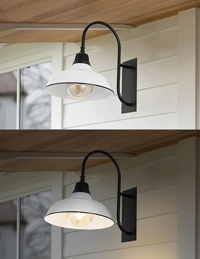 JONATHAN Y 12.25" White/Black 1-Light Farmhouse Gooseneck Outdoor Wall Sconce Lamp, with Black Metal Bowl Shade, Industrial Iron LED Porch Light for Patio Garage Entryway JYL7614A