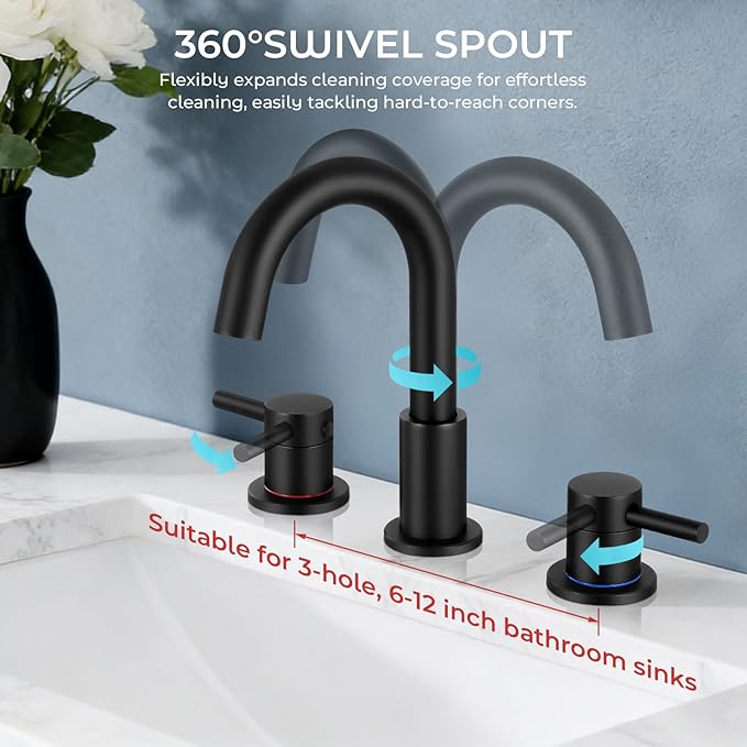 FGKQ Black Bathroom Sink Faucet 3 Hole 2 Packs, Bathroom Faucets for Sink 3 Hole with Metal Pop Up Drain, Widespread Vanity Faucet with Supply Lines