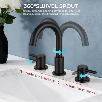 FGKQ Black Bathroom Sink Faucet 3 Hole 2 Packs, Bathroom Faucets for Sink 3 Hole with Metal Pop Up Drain, Widespread Vanity Faucet with Supply Lines