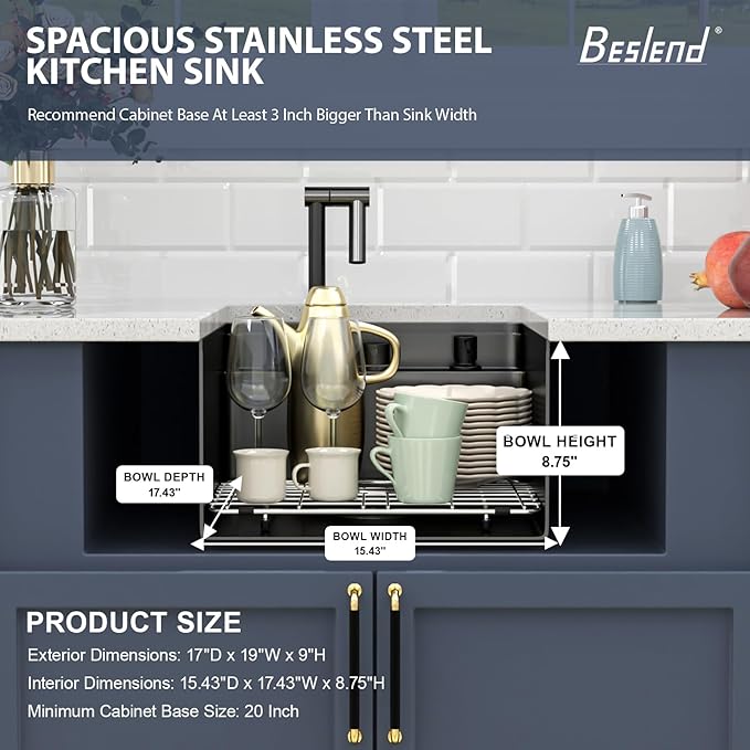 Outdoor Sink and Faucet - Beslend 17x19x9 Inch Black Undermount Bar Sink With Folding Faucet and Cover 16 Gauge Stainless Steel Single Bowl Sink Indoor Outdoor