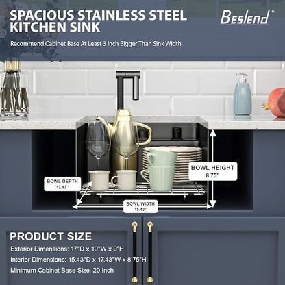 Outdoor Sink and Faucet - Beslend 17x19x9 Inch Black Undermount Bar Sink With Folding Faucet and Cover 16 Gauge Stainless Steel Single Bowl Sink Indoor Outdoor