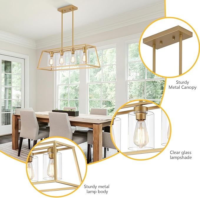 4-Light Gold Chandeliers for Dining Room | Modern Kitchen Island Light Fixture | Rectangle Chandelier for with Clear Glass Shade | Apply to Dining Room Light fixtures Over Table