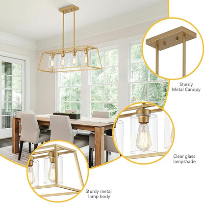 4-Light Gold Chandeliers for Dining Room | Modern Kitchen Island Light Fixture | Rectangle Chandelier for with Clear Glass Shade | Apply to Dining Room Light fixtures Over Table