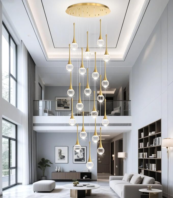 20 Light Crystal Chandelier for High Ceiling Dimmable LED Pendant Lights with Remote Adjustable Chandeliers for Staircase Foyer Living Room Gold