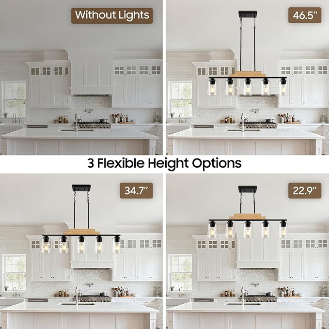 Dining Room Light Fixture/Chandeliers Over Table, 5-Light Modern Rustic Linear Pendant Lights Kitchen Island Lighting, Wood Ceiling Light Fixture Hanging with Clear Glass Shade, Matte Black