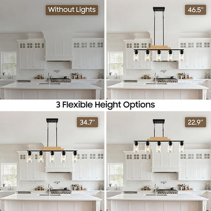 Dining Room Light Fixture/Chandeliers Over Table, 5-Light Modern Rustic Linear Pendant Lights Kitchen Island Lighting, Wood Ceiling Light Fixture Hanging with Clear Glass Shade, Matte Black