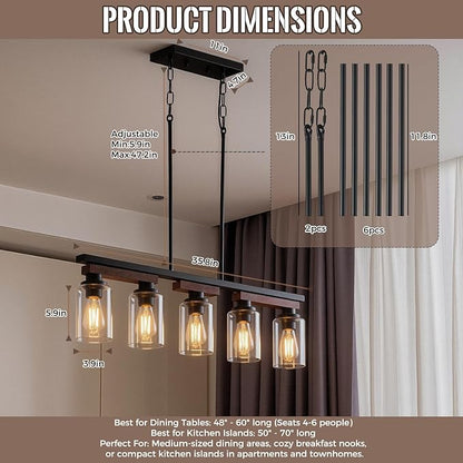 5-Light Kitchen Island Lighting & Farmhouse Dining Room Light Fixtures Over Table, Rustic Wood Linear Chandelier Adjustable Ceiling Hanging Pendant - Rotating Design, Customizable Shapes, Clear Glass