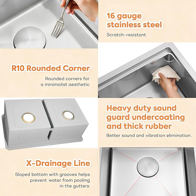 Undermount Double Kitchen Sink, 16 Gauge SUS304 Stainless Steel Kitchen Sinks,50/50 Features All In One Workstation Sinks with Accessories, 32"x 18" x 10" Large and Deep Double Kitchen Sink