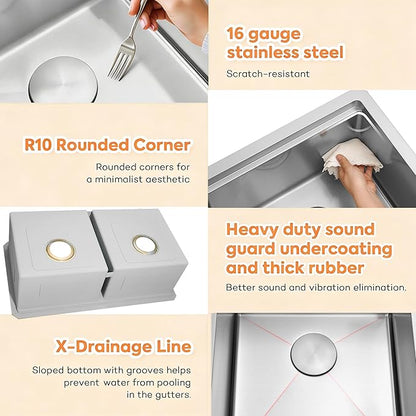 Undermount Double Kitchen Sink, 16 Gauge SUS304 Stainless Steel Kitchen Sinks,50/50 Features All In One Workstation Sinks with Accessories, 32"x 18" x 10" Large and Deep Double Kitchen Sink