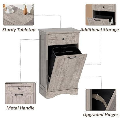 13 Gallons Tilt Out Trash Cabinet Freestanding Kitchen Trash Bin Cabinet Wood Garbage Recycling Cabinet with Hideaway Drawer Pet Proof Trash Can Holder for Kitchen Living Room, Grey