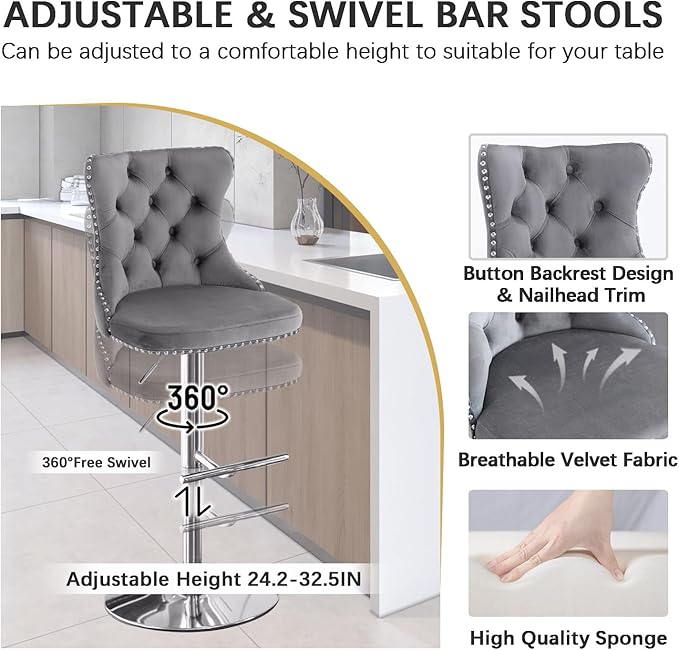 Small Round Bar Table and Adjustable Barstools Set for 4, Glass Counter Height Table with 4 Velvet Bar Chairs Swivel Island Chairs for Bistro Pub (Silver Metal Leg, Clear Top + Grey Chair)