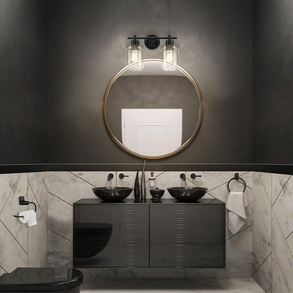 Globe Electric 3-Piece Powder Room Set, Matte Black, 2-Light Vanity with Clear Glass Shades and Matching Hardware, 51850