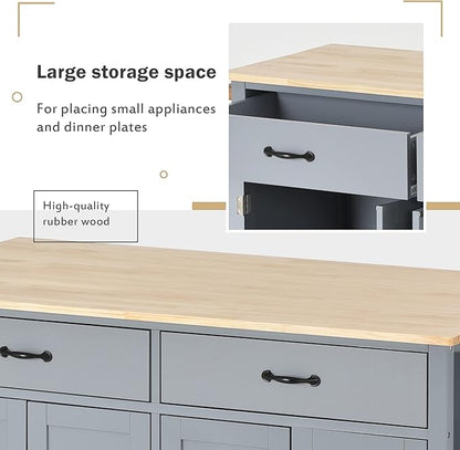 Favfurish Kitchen Island Cart on Locking Wheels with 4 Cabinet and 2 Drawers, Rolling Coffee Bar Trolley w/Solid Wood Tabletop, Adjustable Shelves, Spice & Towel Side Rack, for Dining Room, Gray