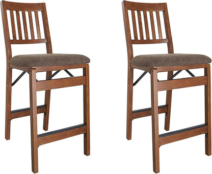 MECO Stakmore Solid Wood Dining Table Counter Stools Set - Fabric Padded Upholstered Seat & Steel Folding Mechanism, Fruitwood Frame & Jax Fabric