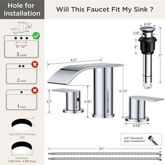 FORIOUS Upgrade Chrome Waterfall Bathroom Faucets 3 Hole, 8 Inch Widespread Modern Bathroom Sink Faucet with Metal Pop-up Drain and Supply Lines, Two Handles for Vanity, Farmhouse, Remodel