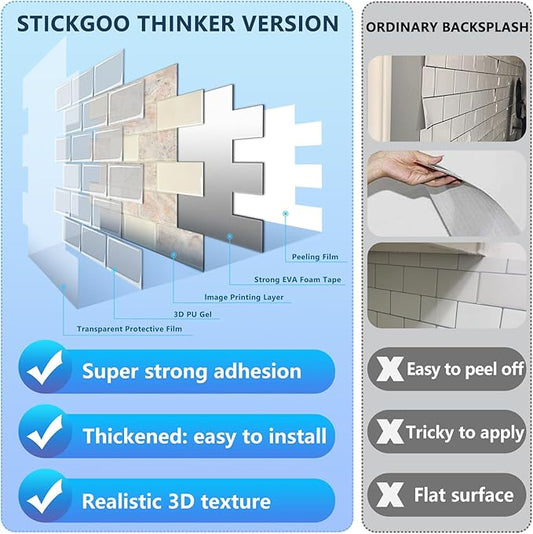 STICKGOO 10-Sheet Subway Tiles Peel and Stick Backsplash, Brown Marble Look Stick on Tiles Kitchen Backsplash (Thicker Design)