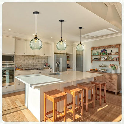 Modern Green Pendant Light, Hammered Glass Pendant Light Fixture Mid Century Globe Pendant Lights Vintage 1-Light Gold Hanging Pendant Lighting for Kitchen Island Dining Room Bedroom Bathroom