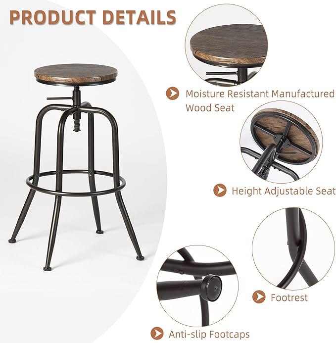 Homy Casa Dining Chairs Set of 2, 27 to 30 Inch Adjustable Height Swivel Chairs with Round Wood, Suitable for Kitchen Island, Dining Room, Walnut