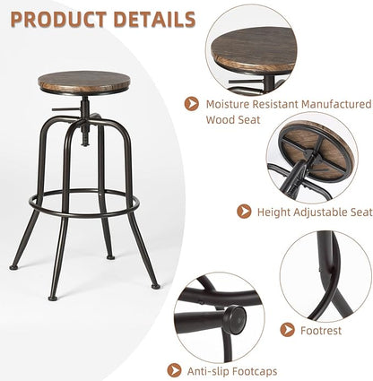 Homy Casa Dining Chairs Set of 2, 27 to 30 Inch Adjustable Height Swivel Chairs with Round Wood, Suitable for Kitchen Island, Dining Room, Walnut