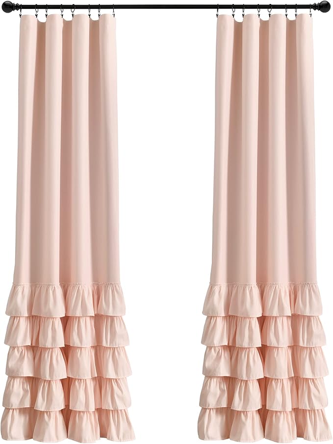 Lush Decor Allison Ruffle 100% Blackout Window Curtain Single 40" W x 84" L Blush - Pink Blackout Curtains for Bedroom or Nursery - Coquette Curtains