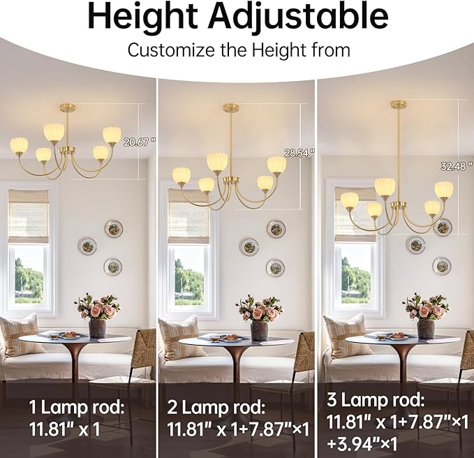 Shenmoyl 30.31" Brass Gold Chandelier, 5-Light Chandelier Light with White Tulip Glass Lampshade, Height Adjustable Vintage Chandeliers for Dining Room Living Room Kitchen Island