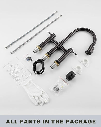 Bridge Faucet for Kitchen Sink: iVIGA Oil Rubbed Bronze Farmhouse 3 Hole Kitchen Faucet with Pull Down Sprayer - 2 Handle High Arc Brass Faucet with 360° Swivel, with Supply Lines